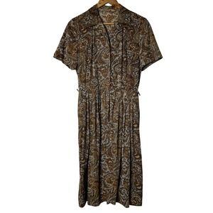 Vintage Paisley Midi Dress Size‎ M Short Sleeve Pleated Brown Tan Career Casual